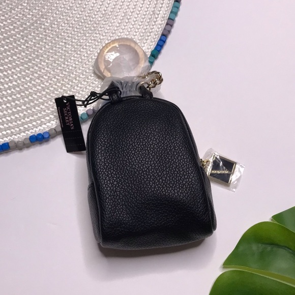 Victoria’s Secret Charm Key Chain Mini Backpack Black w Studs NEW - Picture 2 of 3